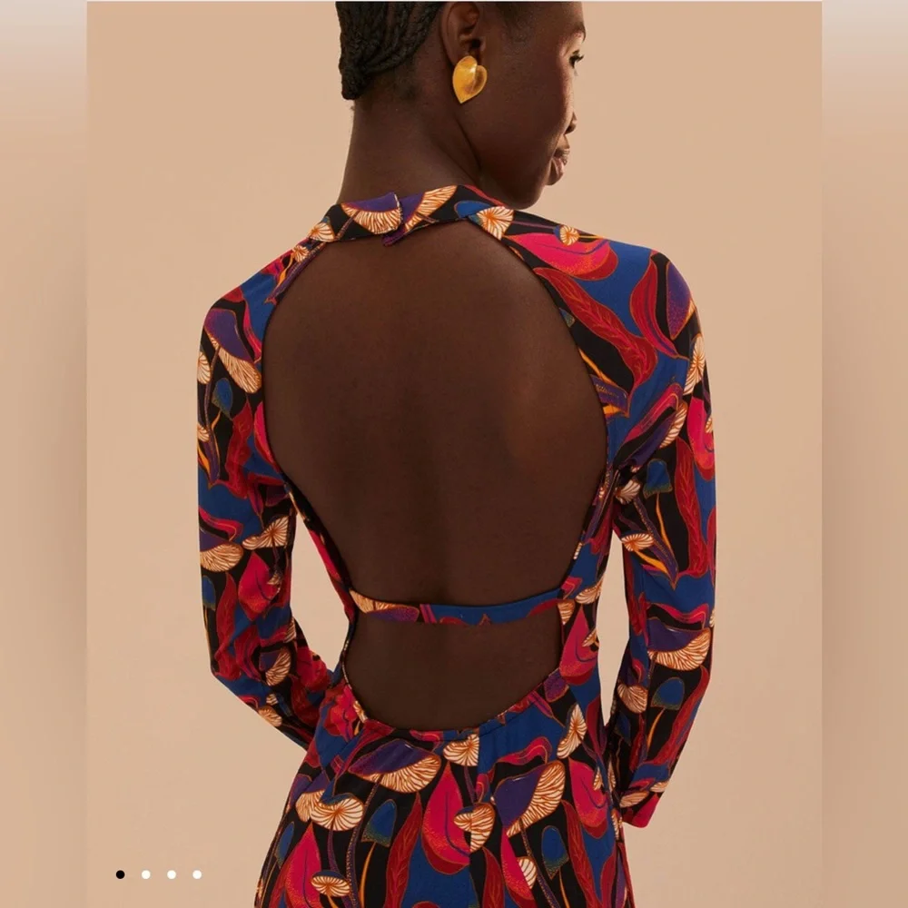 Farm Rio Wild Mushrooms Black Jersey Midi Dress - Picture 5 of 8